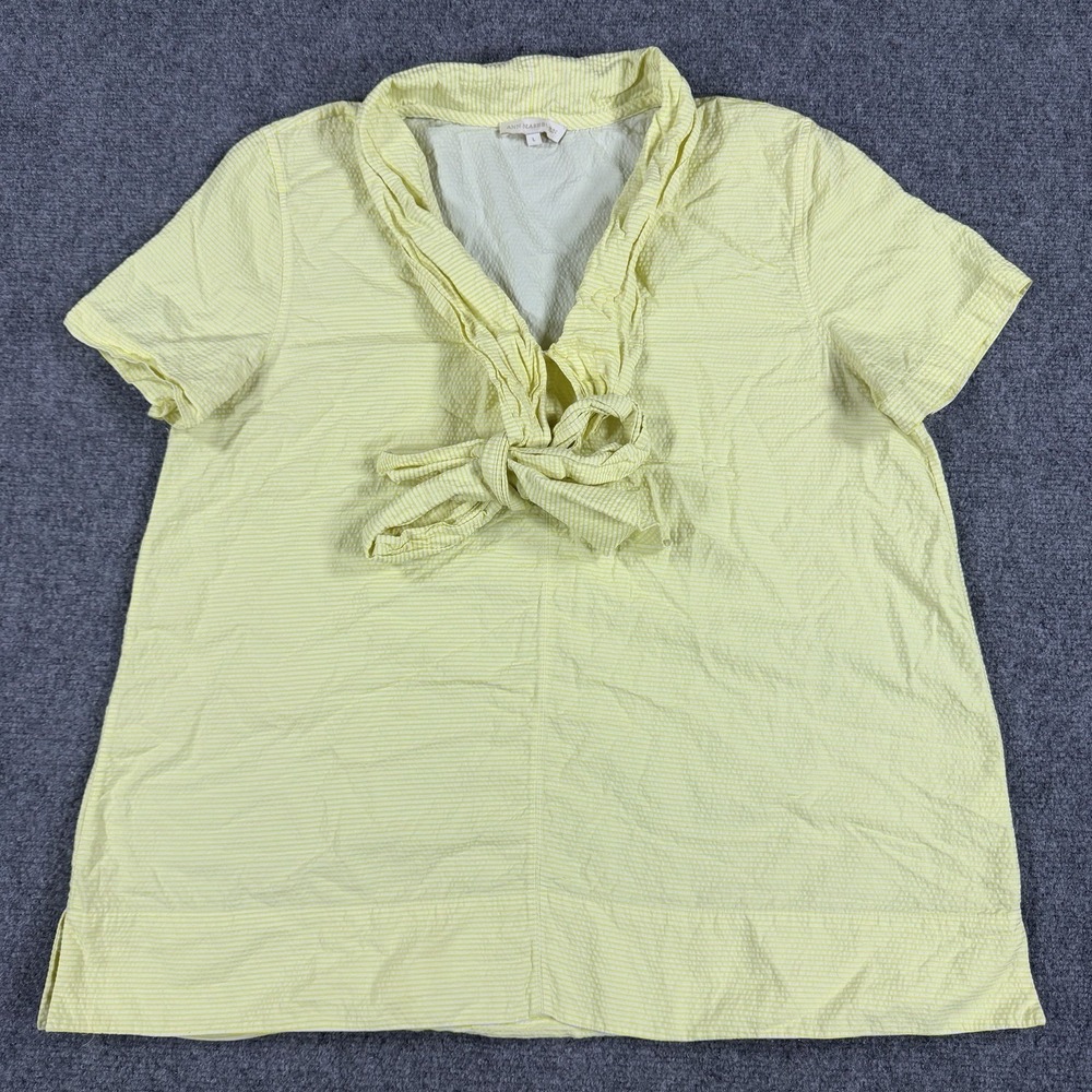 Ann Mashburn Top Womens Large Yellow White Striped Tie Neck Blouse